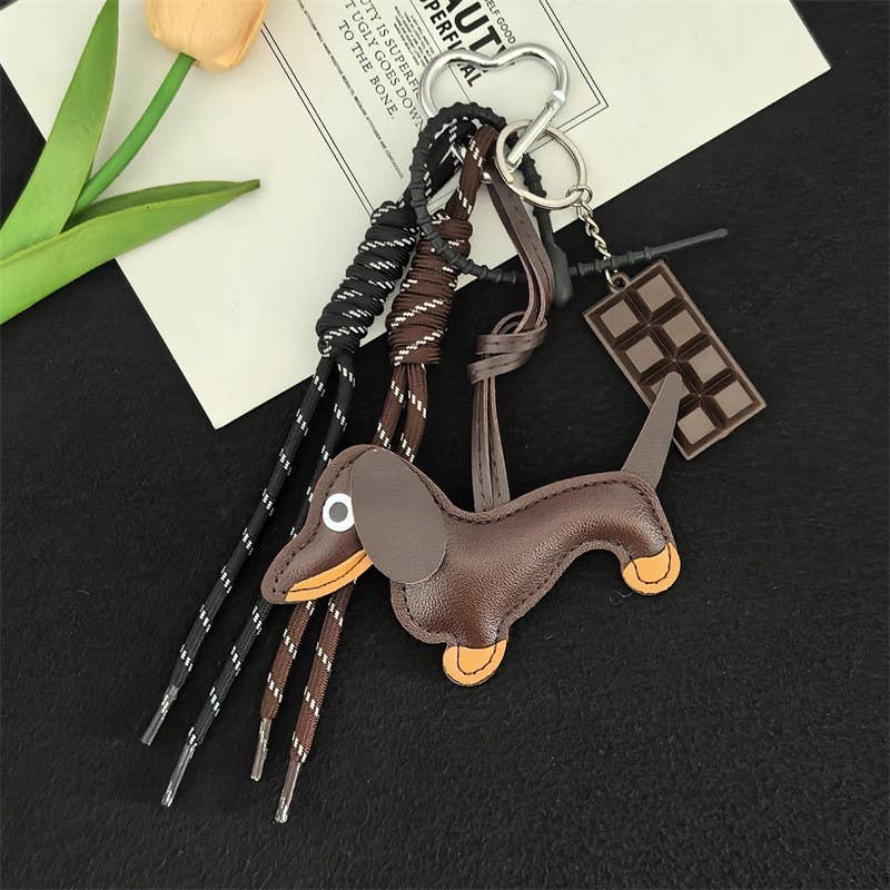 BAG CHARM KEY CHAIN - VEGAN LEATHER DOG CHOCOLATE