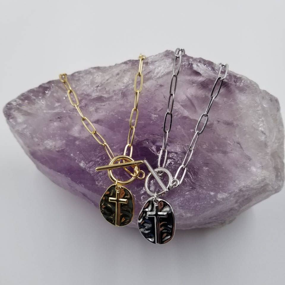 Hammered Cross Paperclip Toggle Necklace - Gold & Silver