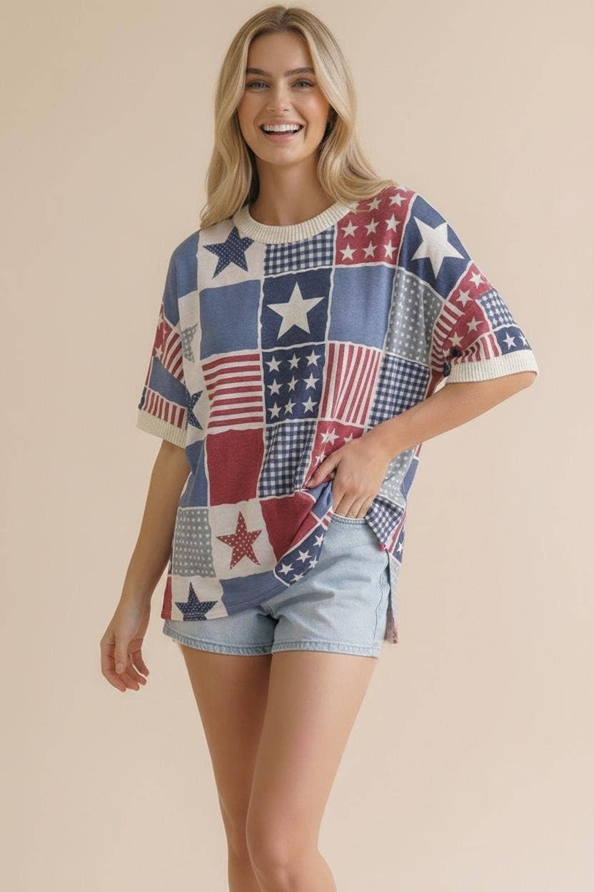Round Neck Star and Stripe Patchwork Print