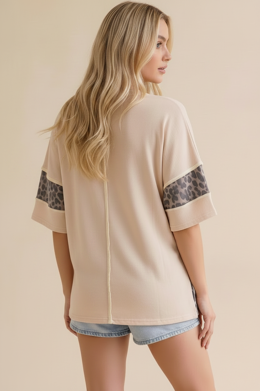 Plus Round Neck Color Block Leopard Knit Top