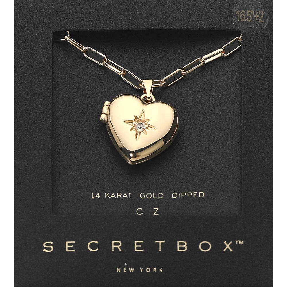 SECRET BOX_14K Gold Dipped CZ Pave Heart Locket Pendant Paperclip Chain Necklace