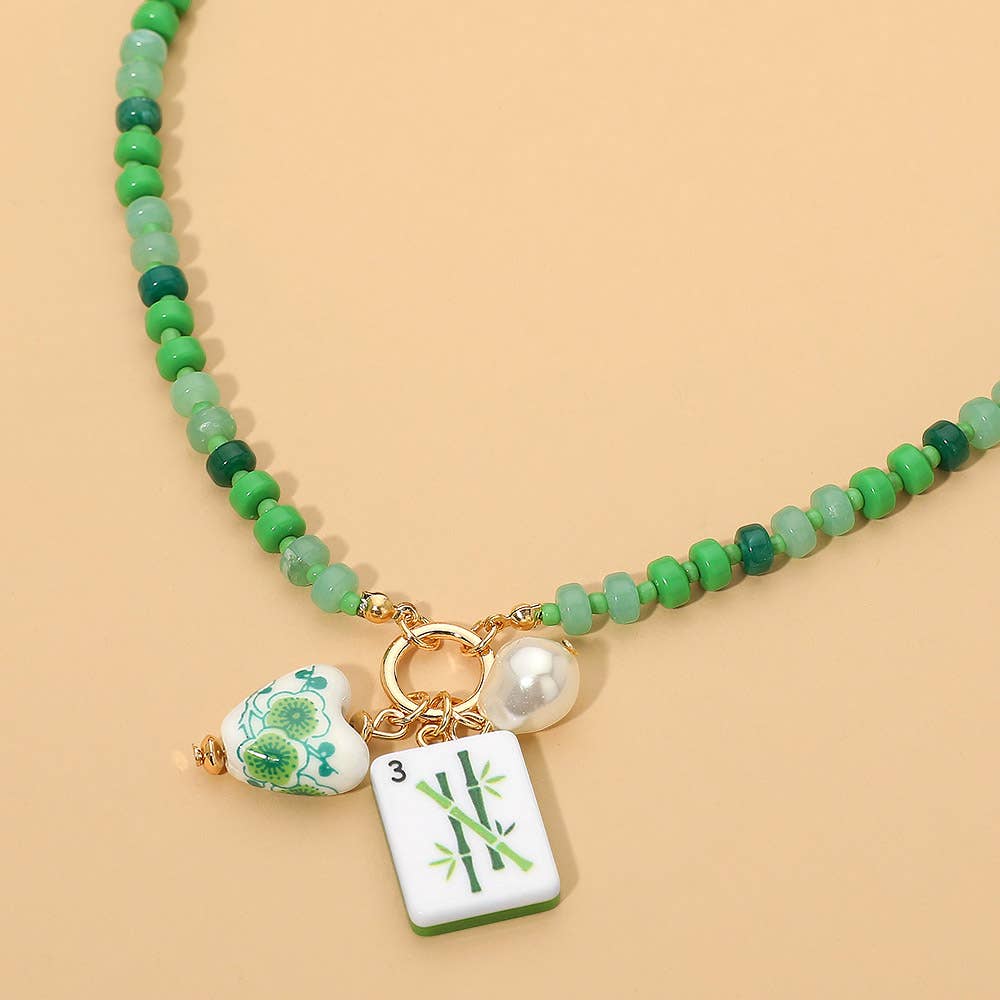 Mahjong Tile Charm Pearl Floral Bead Ball Charm Pendant Beaded Necklace