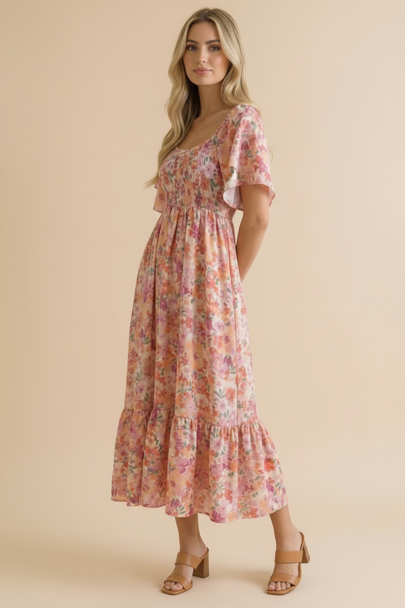 Plus Sweetheart Flutter Sleeve Floral Maxi Dress