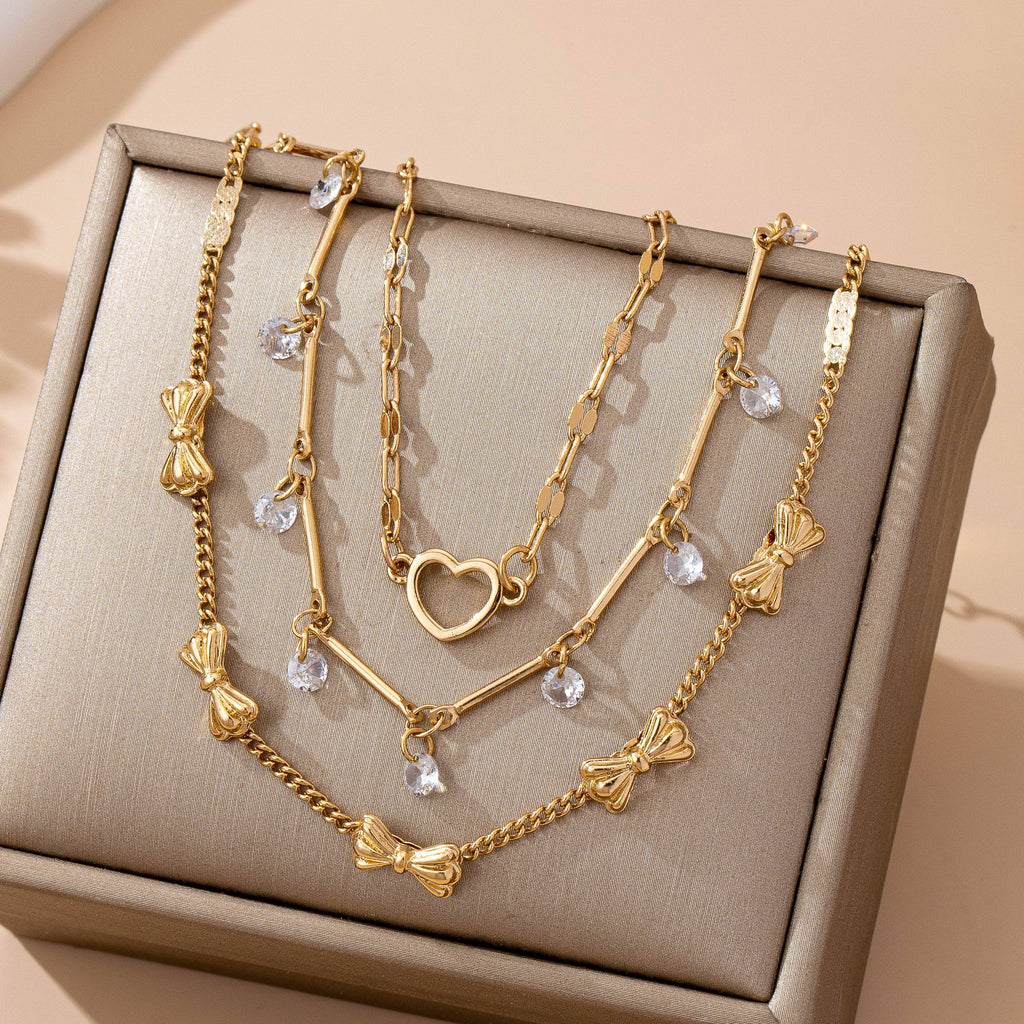 Crystal Drop Heart Bow Charm Multilayer Bracelet