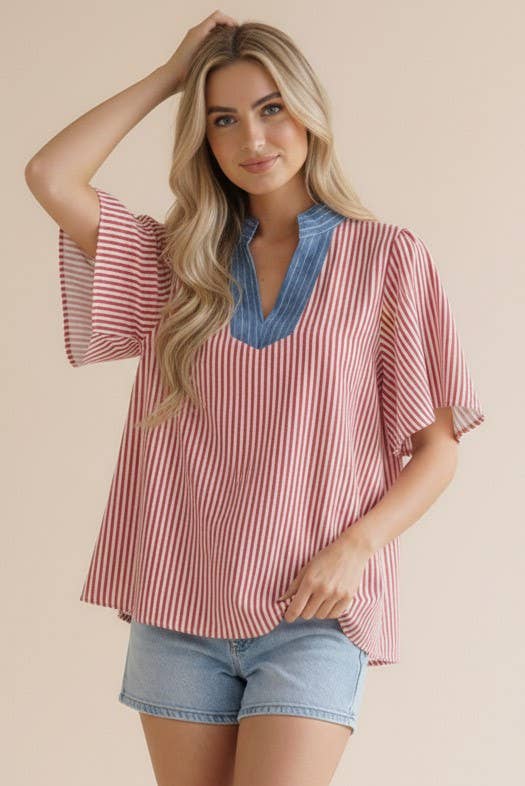 Plus Stitched Neck Band Flutter Sleeve Stripe Top