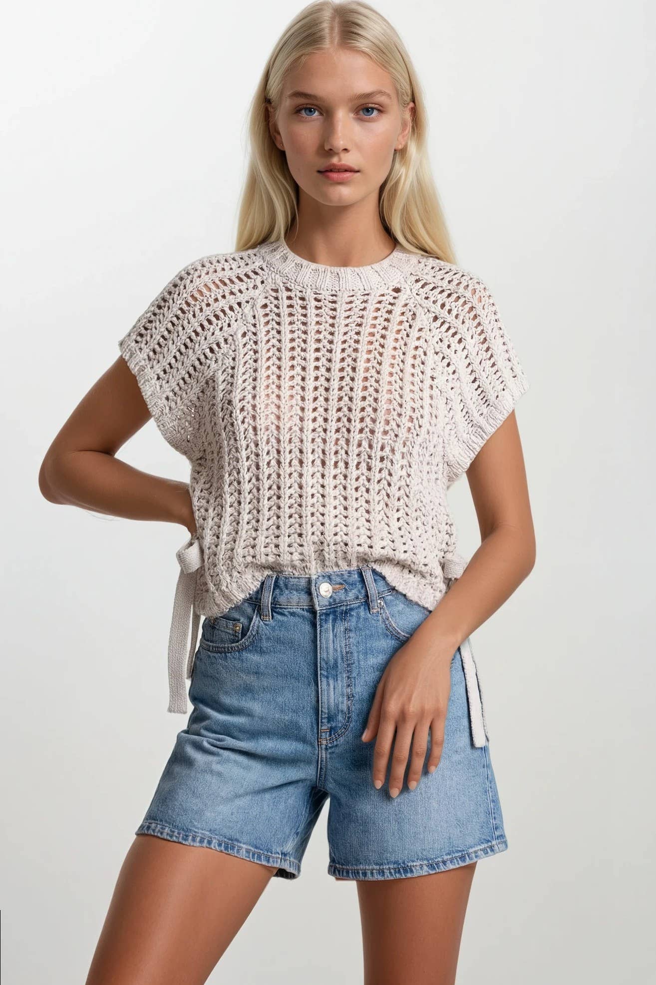 CHUNKY KNIT CROCHET SWEATER TOP WITH SIDE TIES