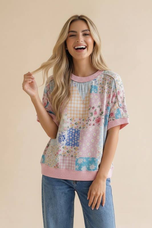 Plus Floral Patchwork Top With Triangle Detail