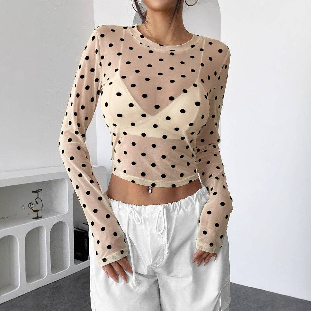 Sheer Dot Print Fitted Mesh Round Neck Long Sleeve T Shirt