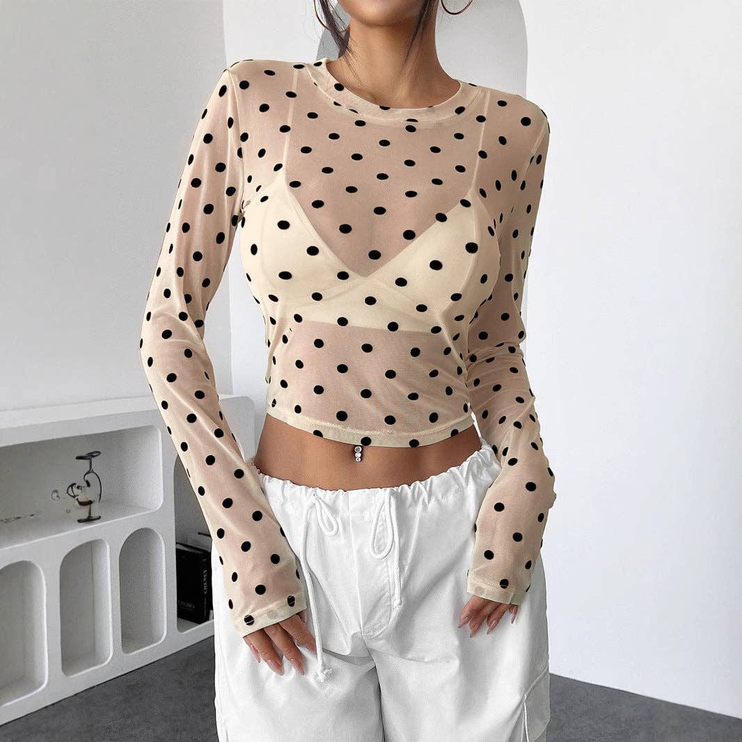 Sheer Dot Print Fitted Mesh Round Neck Long Sleeve T Shirt