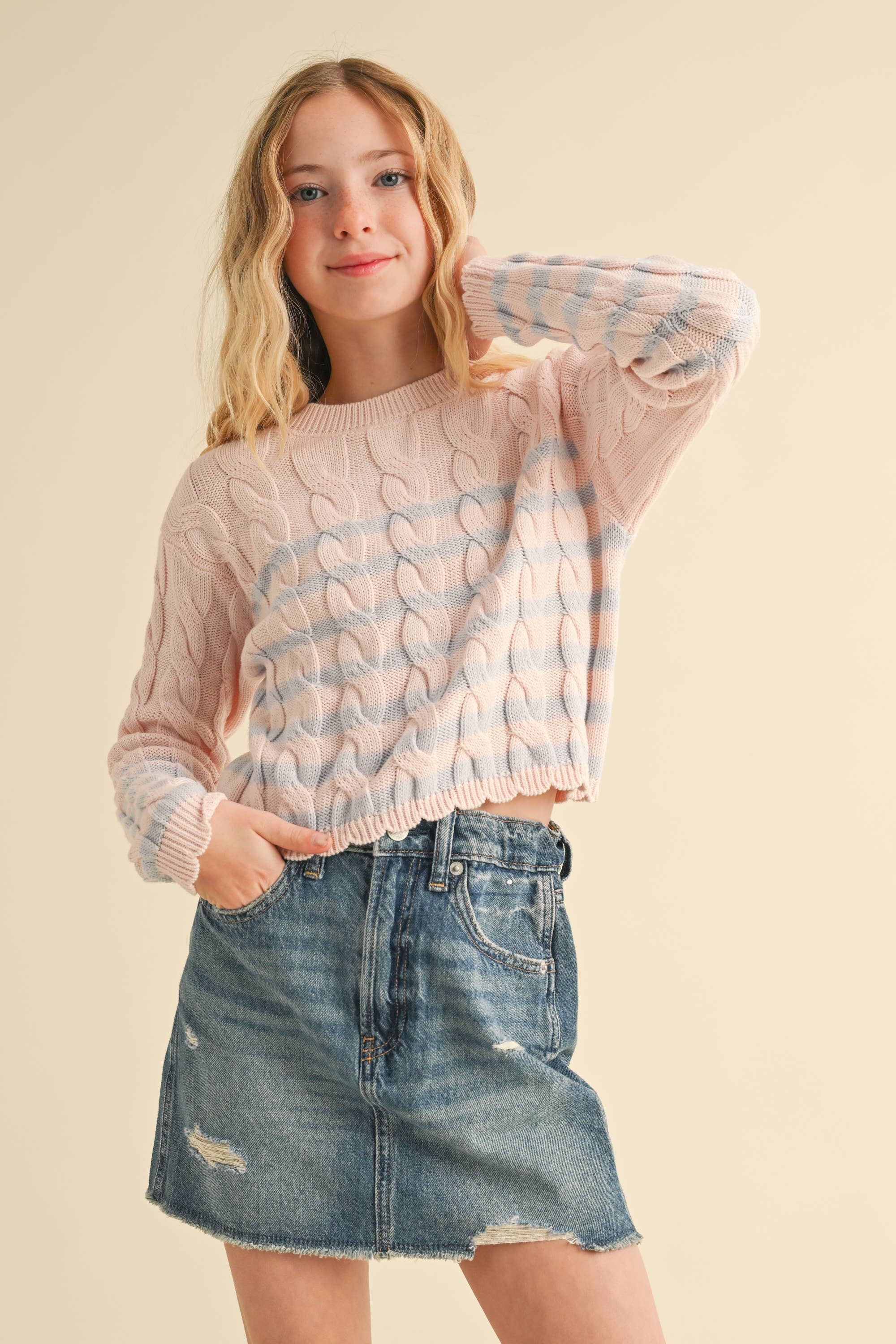 TWEEN GIRLS KIDS CABLE KNIT BOXY CROPPED PULLOVER (7/14)
