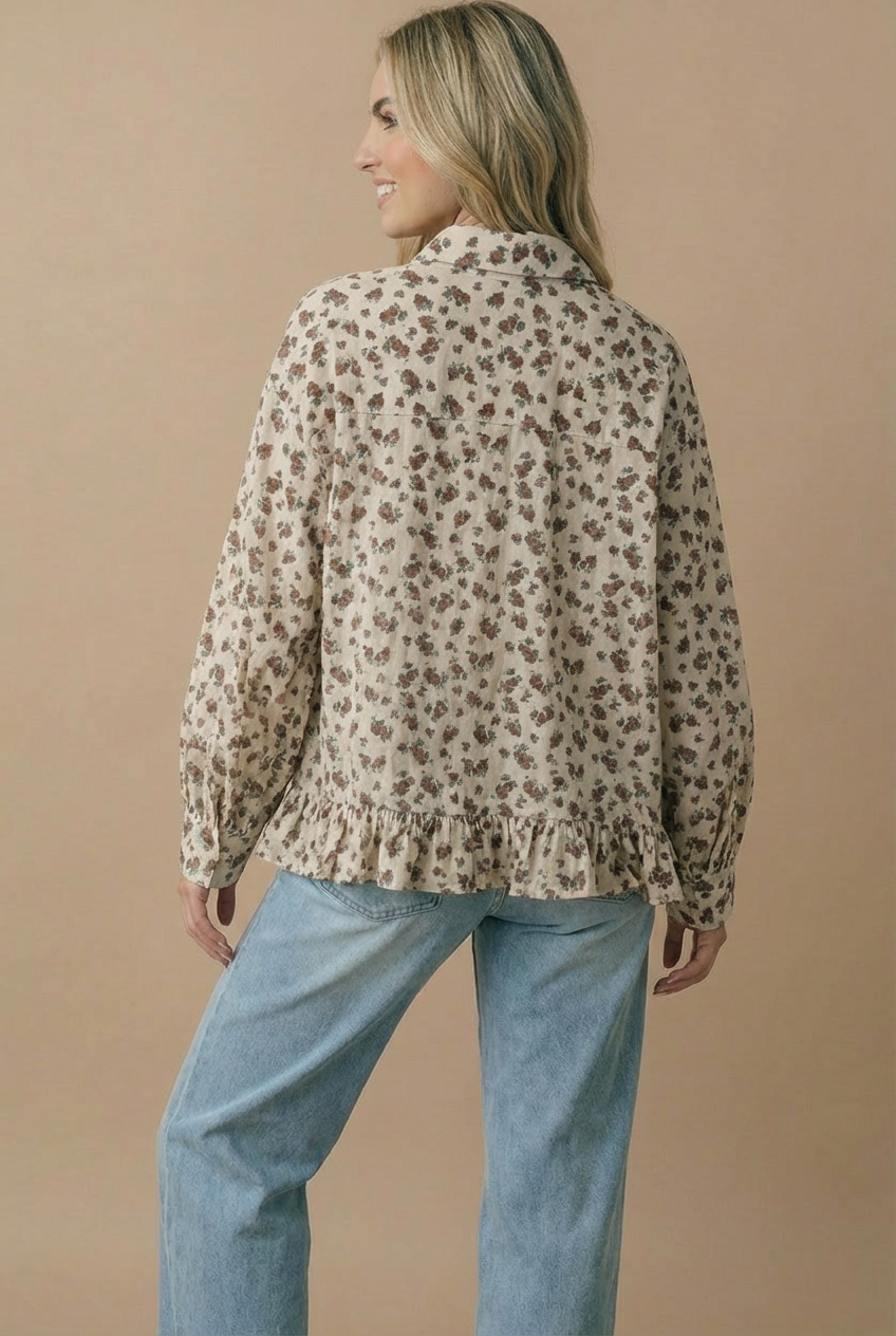 Collared Floral Peplum Hem Babydoll Shirt