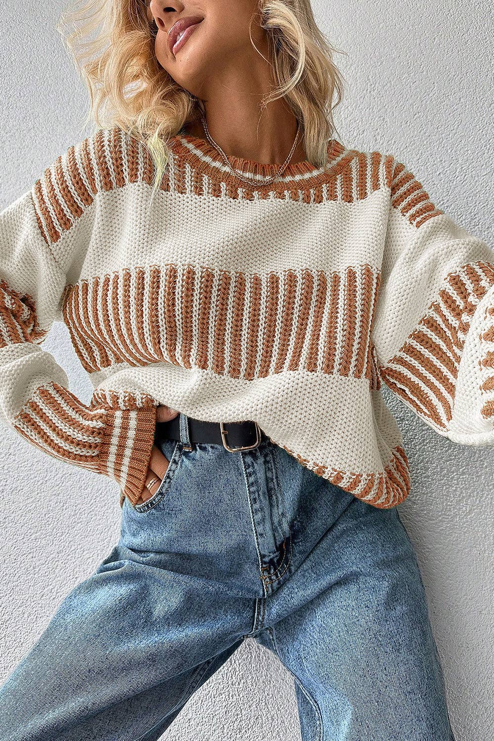 Two Tone Striped Patchwork Drop Shoulder Loose Sweater