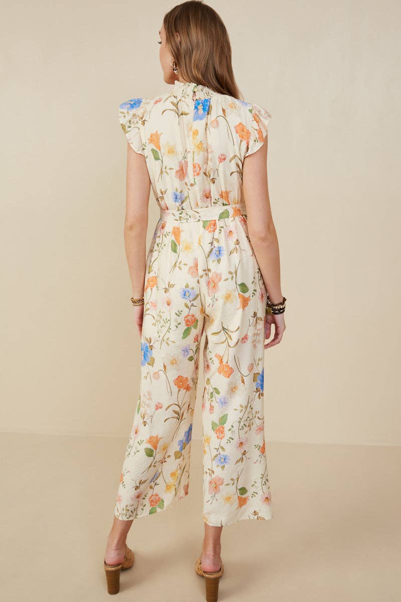 Womens Textured Floral Smock Neck Sleeveless Jumpsuit