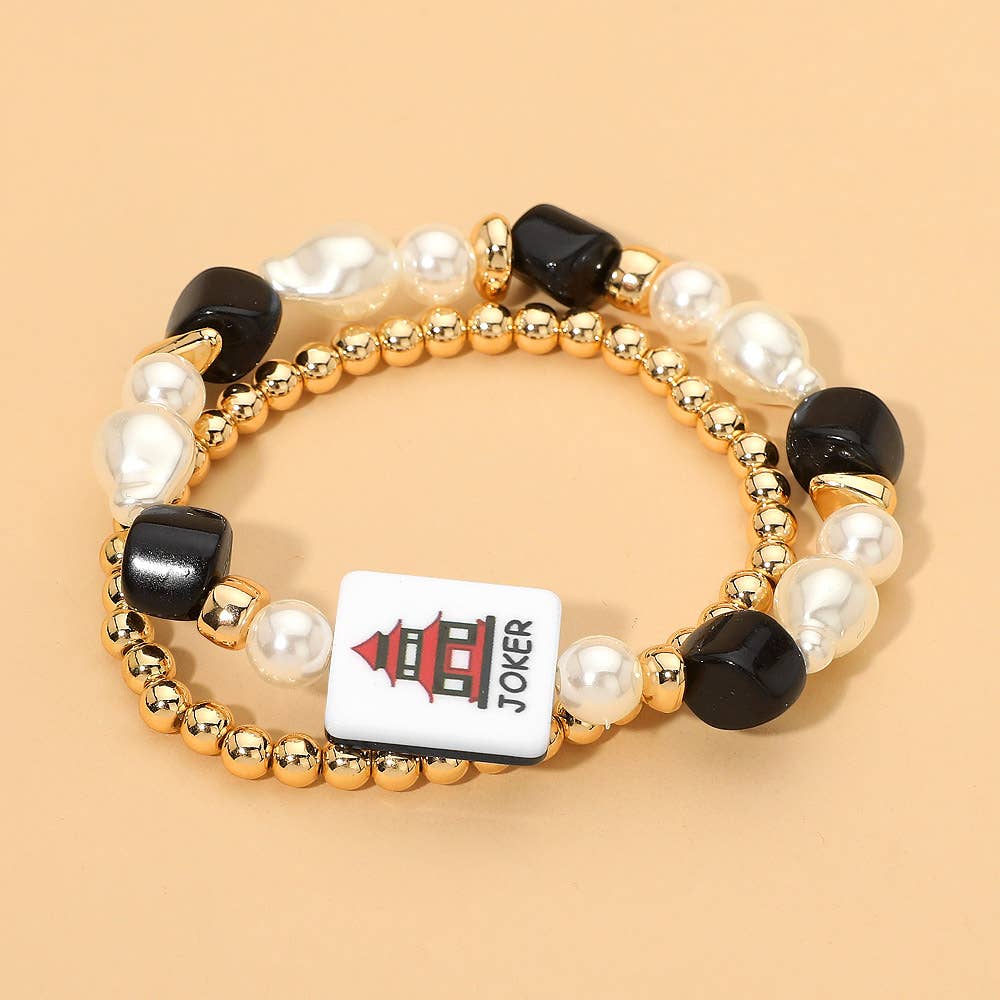 2PCS - Mahjong Tile Pearl Beaded Stretch Multi Layered Bracelets