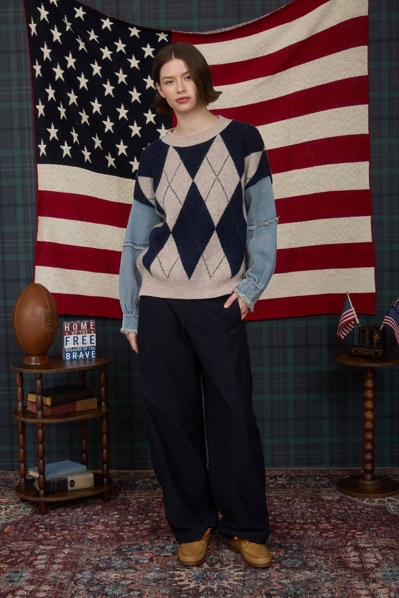 ARGYLE DISTRESSED DENIM SLEEVE KNIT SWEATER