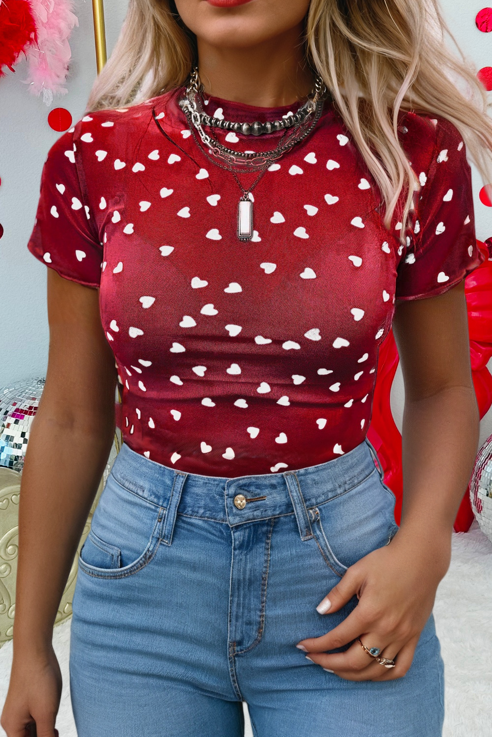 Heart Mock Neck Mesh Valentine's Day Top