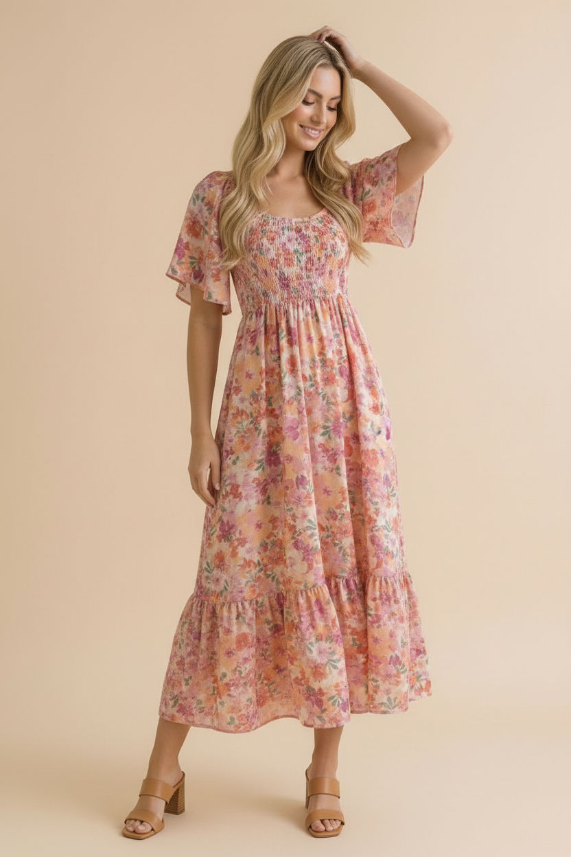 Plus Sweetheart Flutter Sleeve Floral Maxi Dress