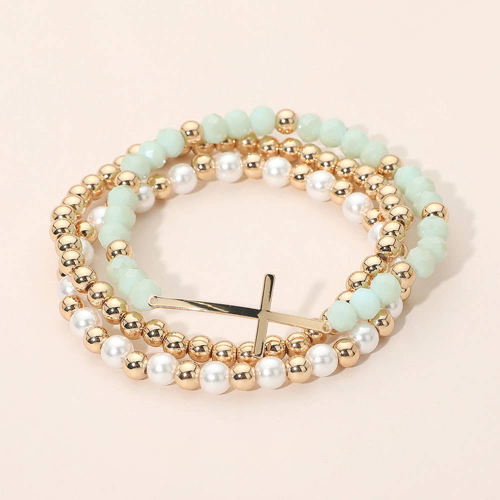 3PCS - Cross Charm Pearl Metal Ball Faceted Beaded Stretch Multi Layered Bracelets