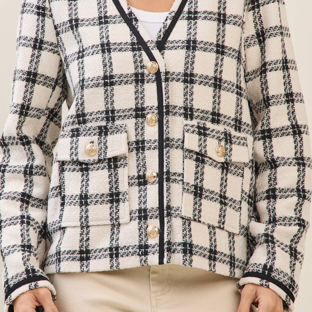 Plaid Collarless V-neck Jacket