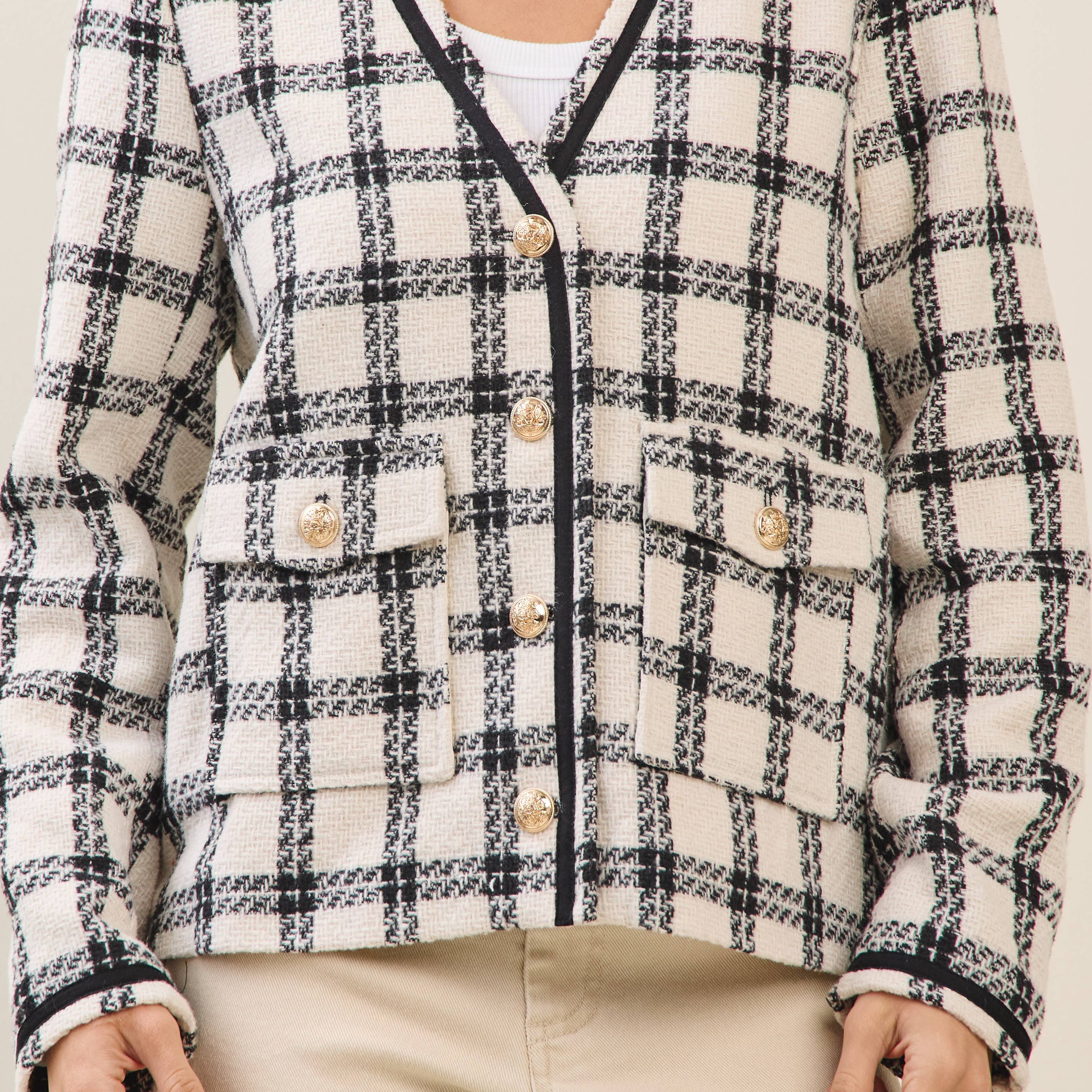Plaid Collarless V-neck Jacket