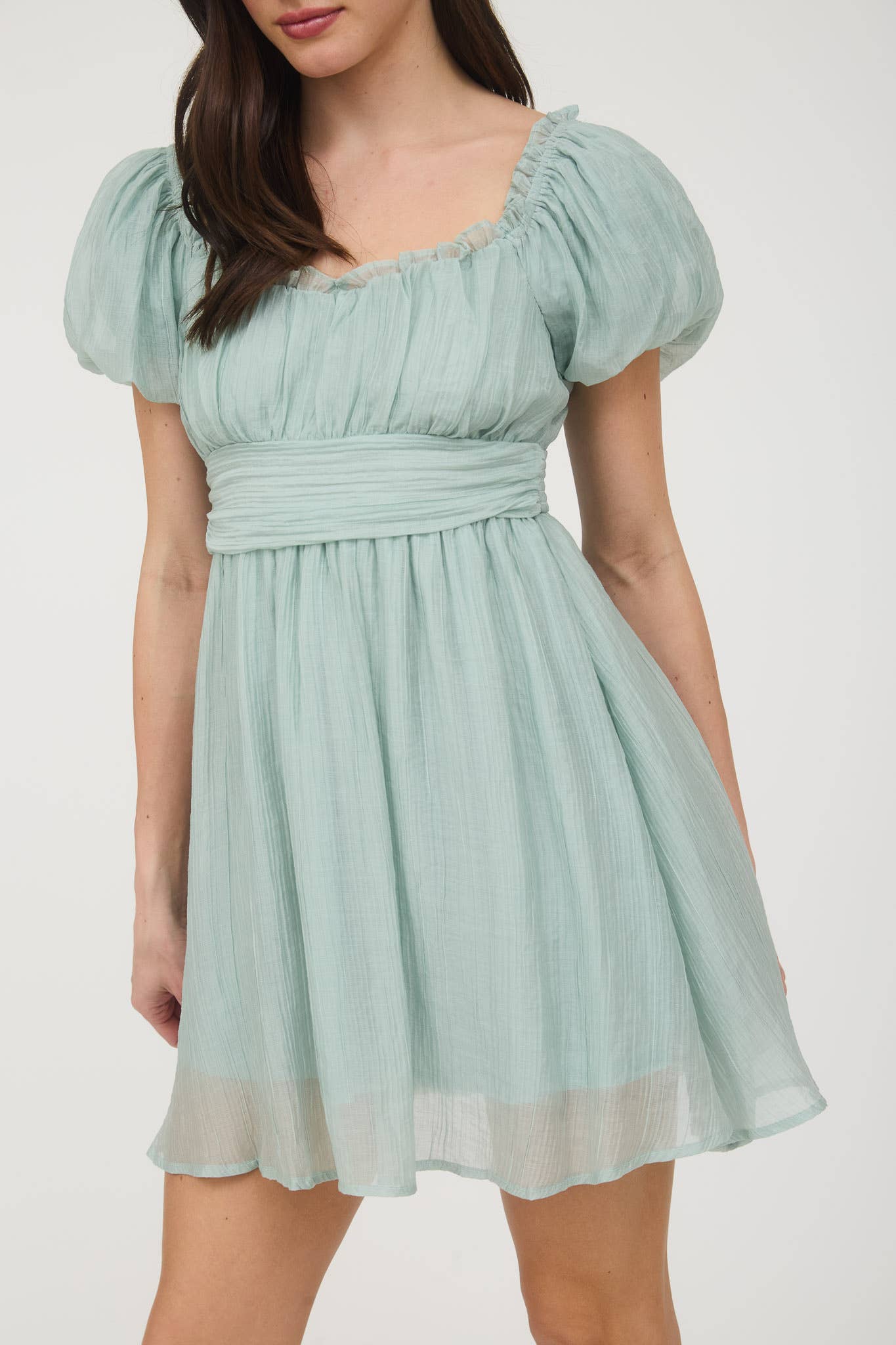 BALLOON SLEEVE RUFFLE TRIM BACK LACE UP MINI DRESS