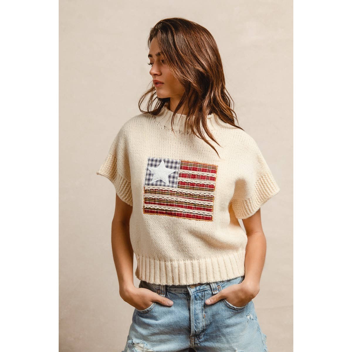 AMERICAN FLAG PATCHWORK DROP SHOULDER SWEATER
