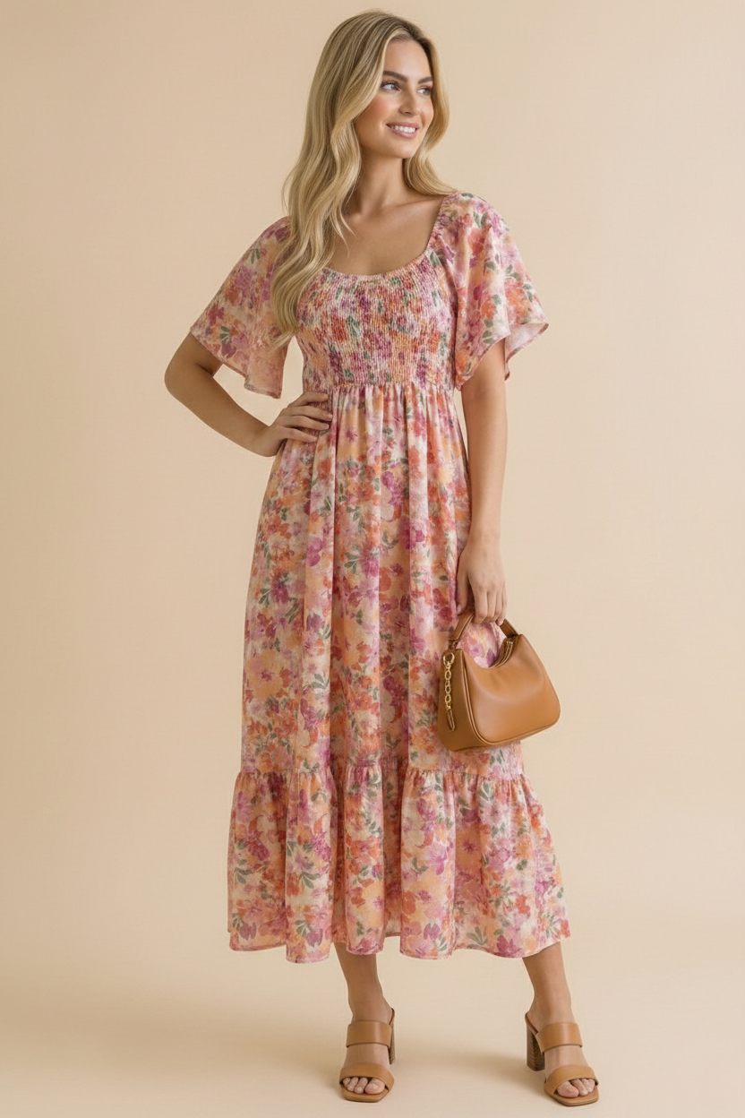 Plus Sweetheart Flutter Sleeve Floral Maxi Dress