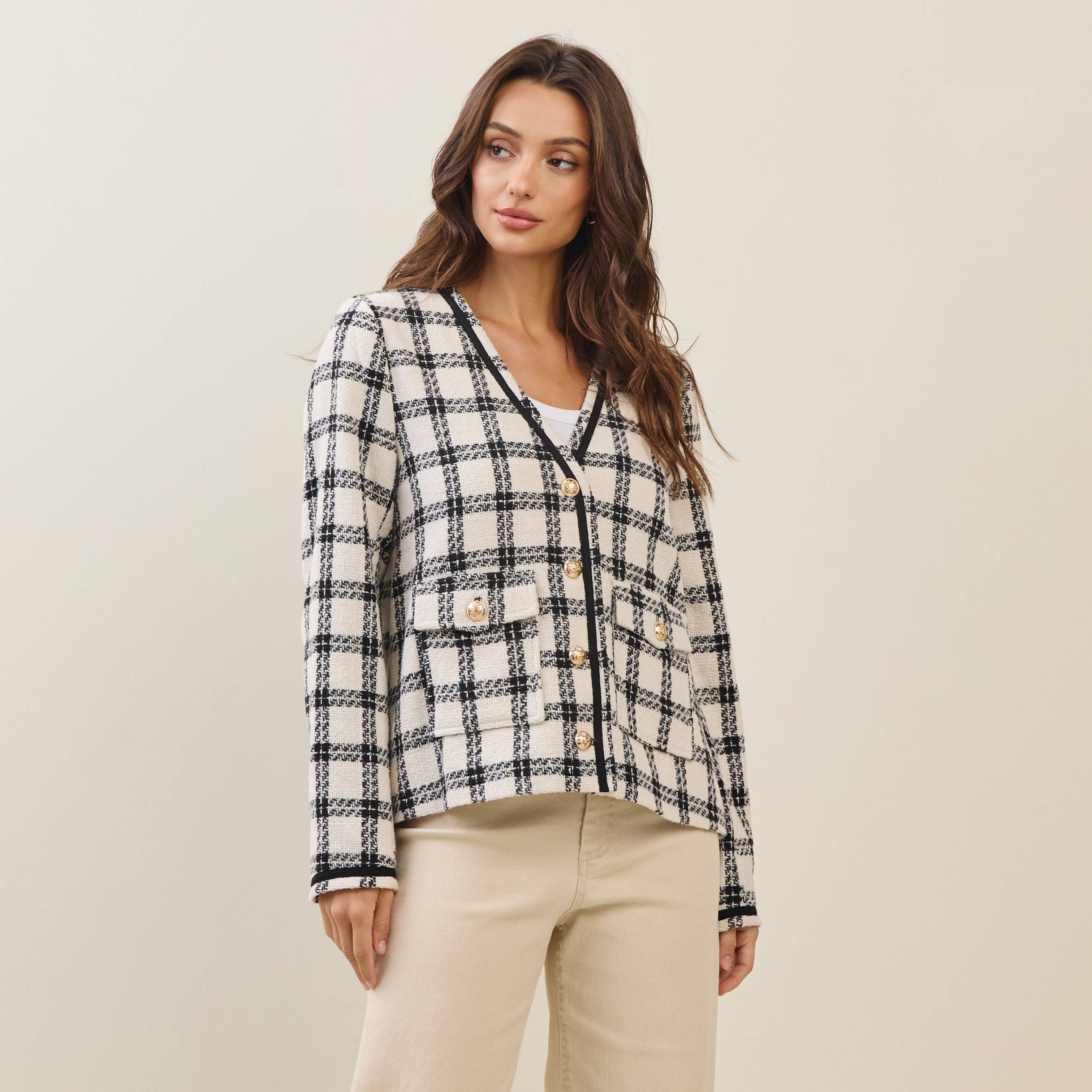 Plaid Collarless V-neck Jacket