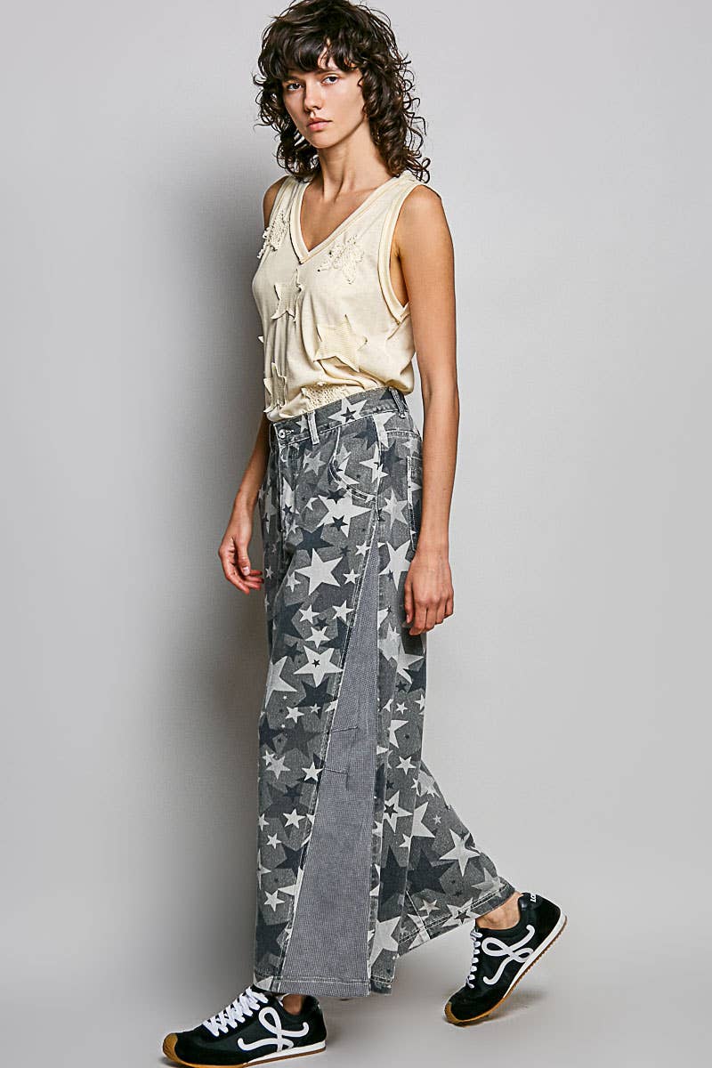 V-neck Sleeveless Front Star Patches Solid Basic Top SALE