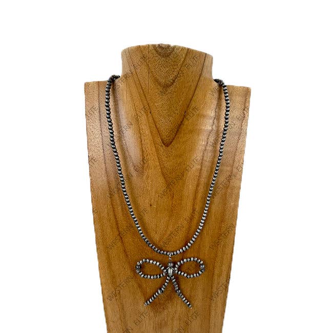 18'' 4mm Silver Navajo pearl beads with bow tie pendent Necklace