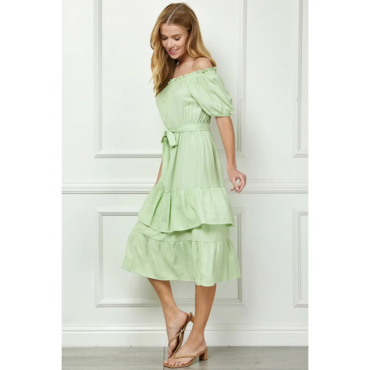 LINEN DOUBLE TIER PUFF SLEEV DRESS
