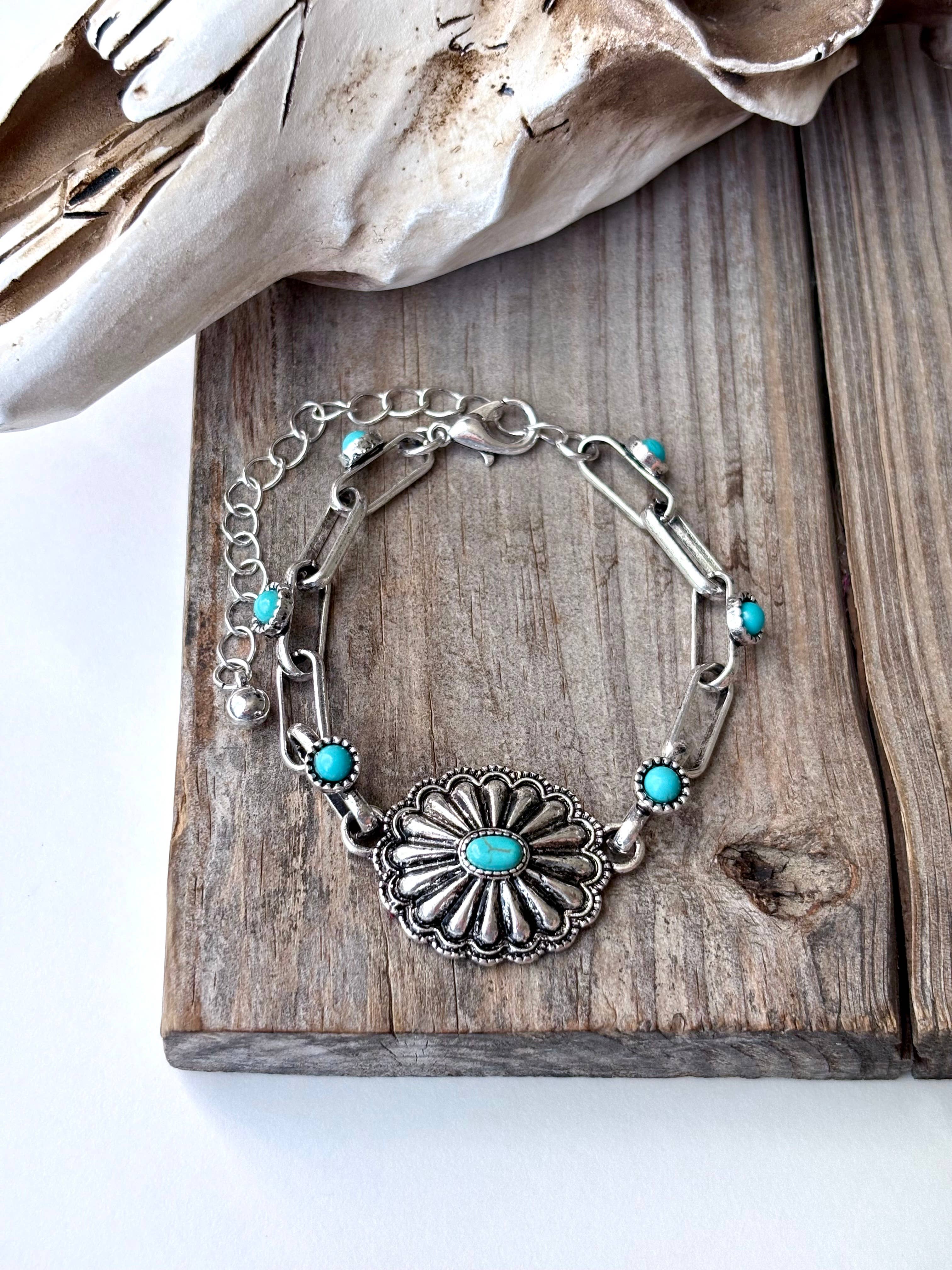 Western Concho Stone Paper Clip Chain Bracelet
