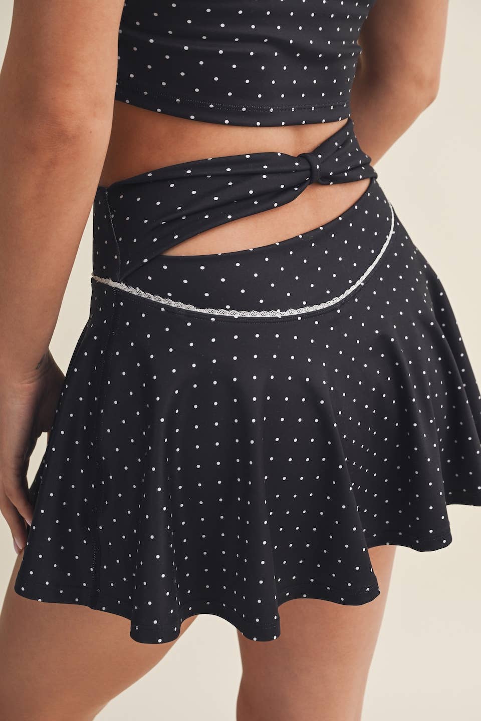 Polka Dot Print Mini Circle Skort with Bow Back and Lace Tri