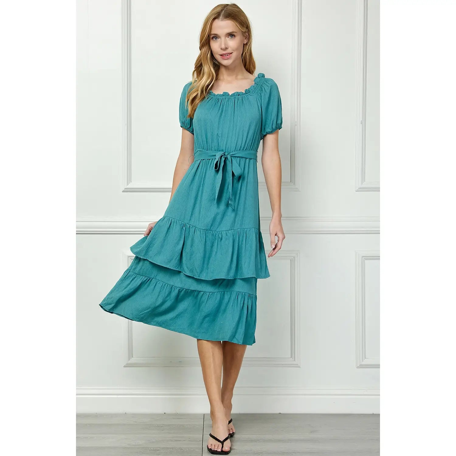 LINEN DOUBLE TIER PUFF SLEEV DRESS