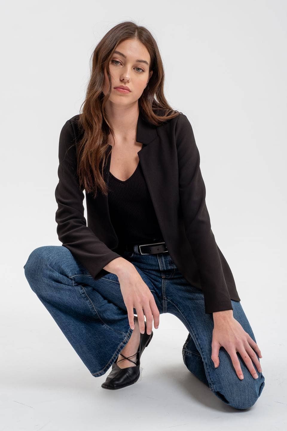 NOTCH COLLAR LONG SLEEVE LONG LINE BLAZER