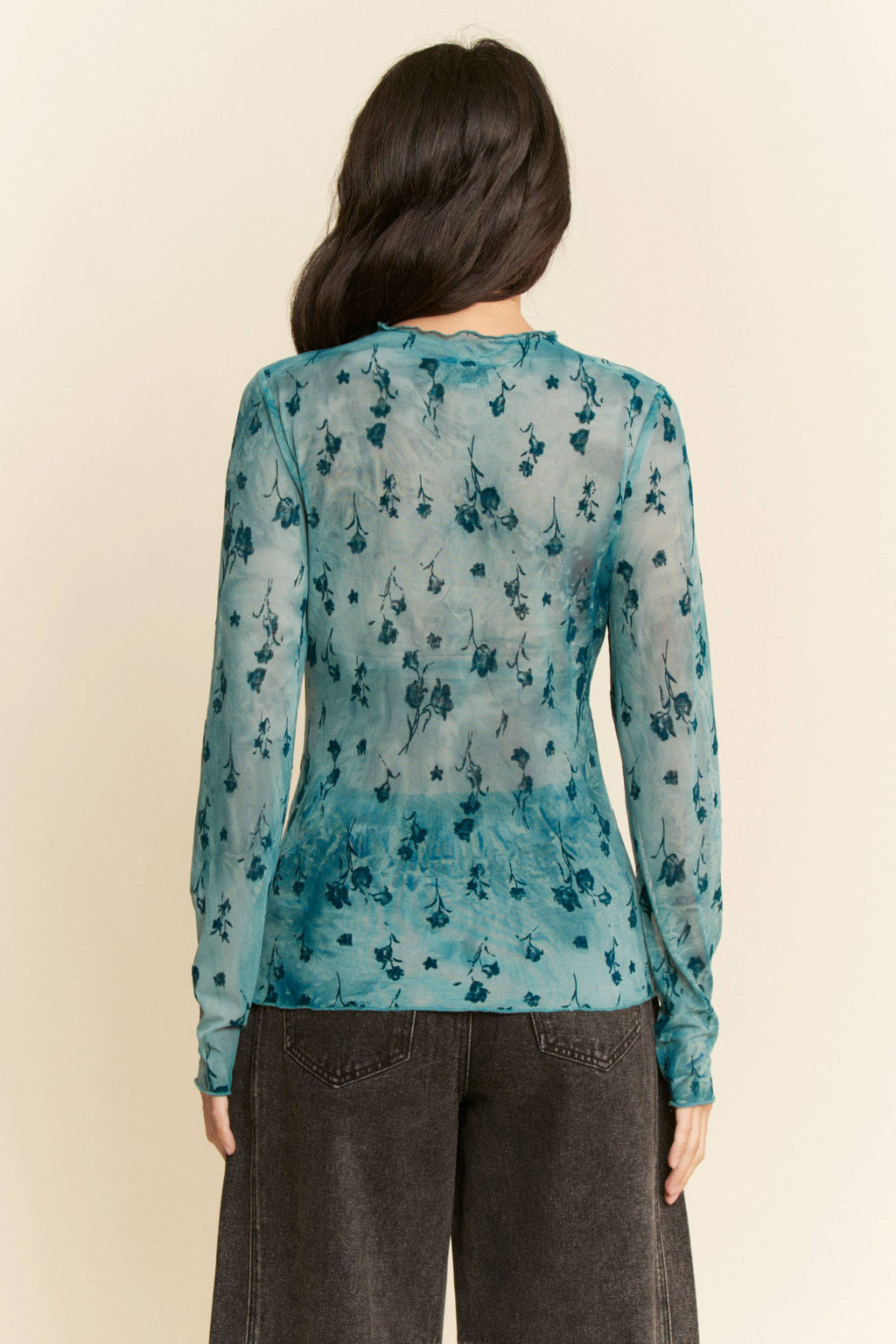 FLORAL MESH LONG SLEEVE SHEER LAYERING TOP