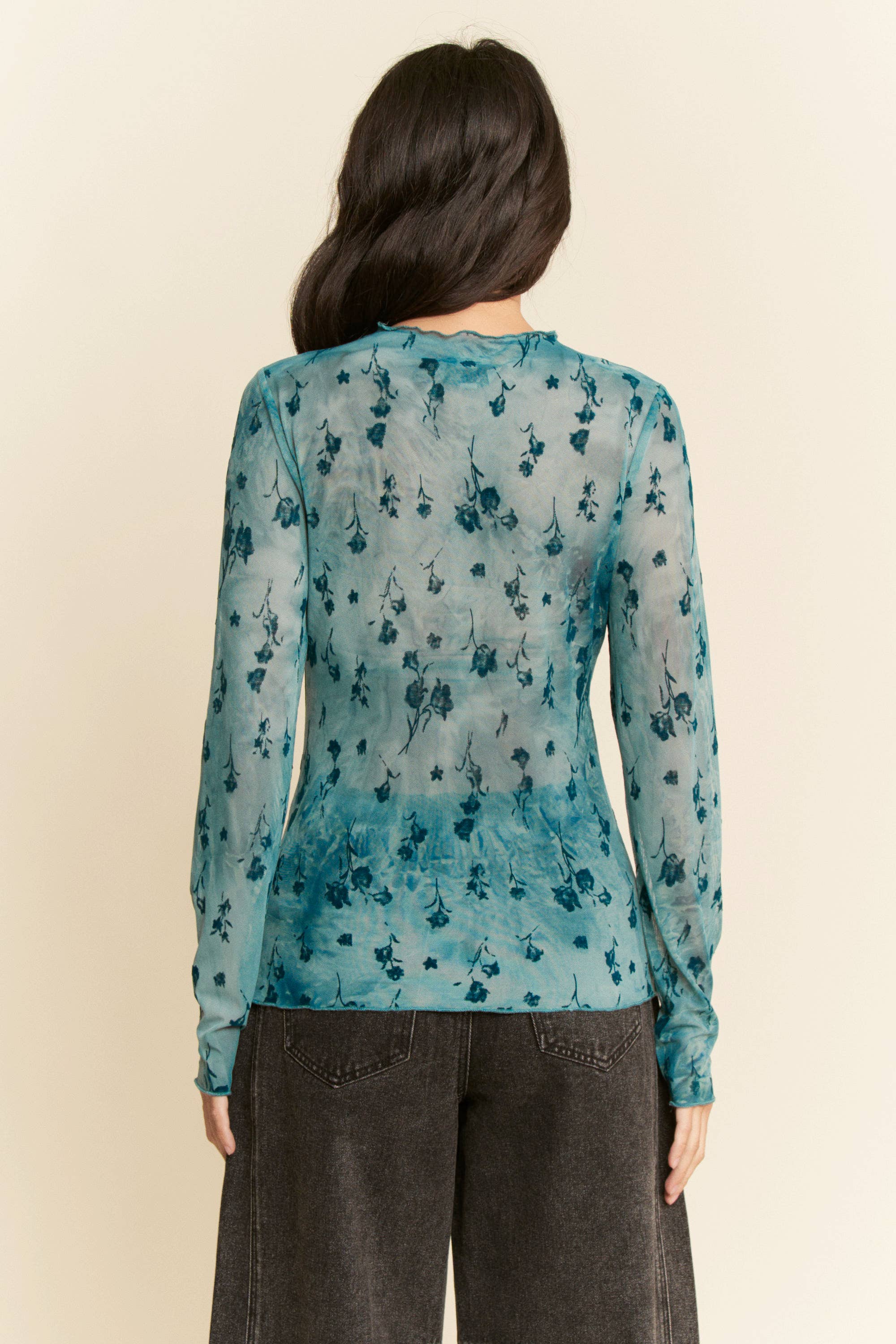 FLORAL MESH LONG SLEEVE SHEER LAYERING TOP
