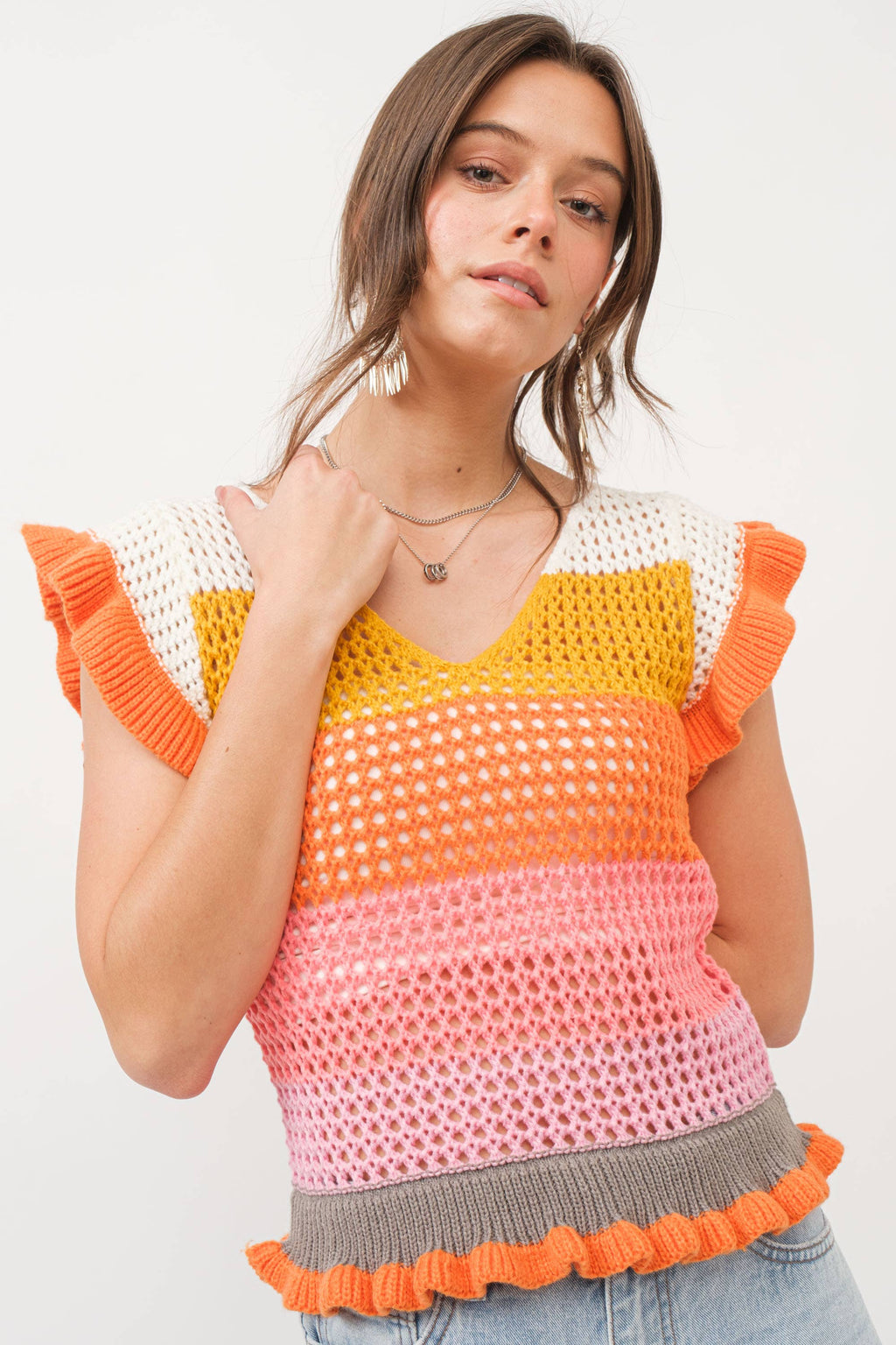 Crochet Knitted Multi Stripe Ruffle SLV Sweater Top