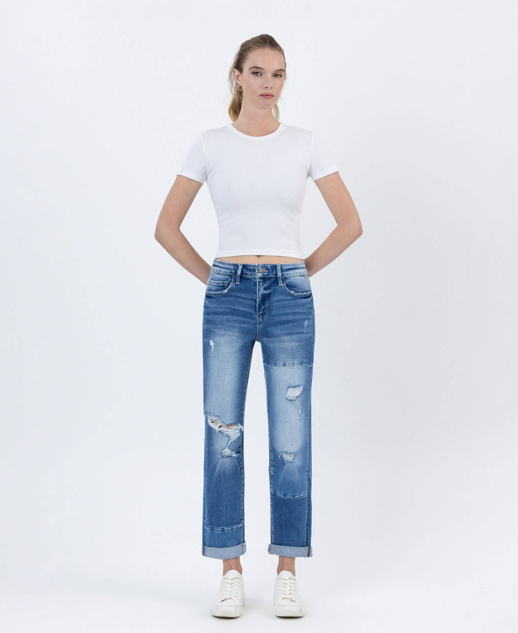 HIGH RISE COLOR BLOCK CUFFED BOYFRIEND JEANS - FLYING MONKEY