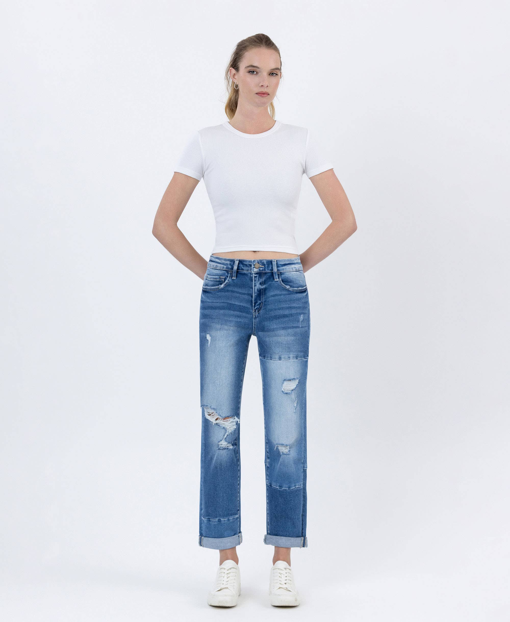 HIGH RISE COLOR BLOCK CUFFED BOYFRIEND JEANS - FLYING MONKEY