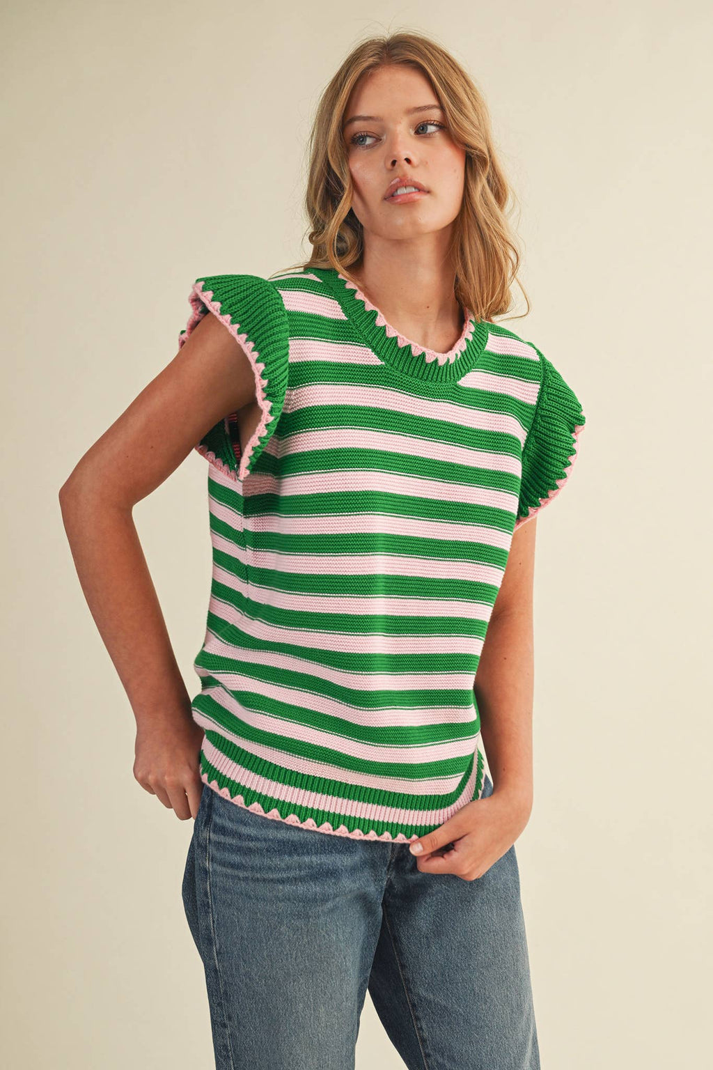 STRIPED FLUTTER SLEEVE SWEATER TOP