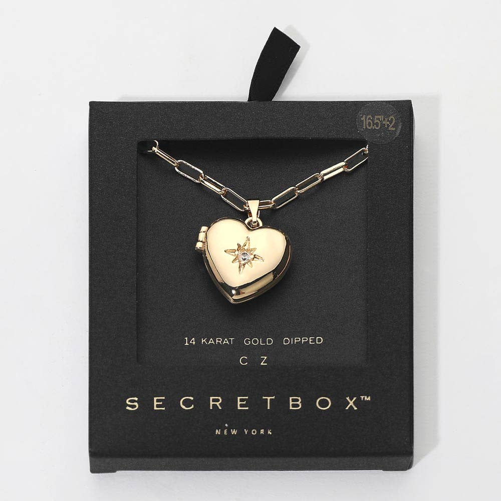 SECRET BOX_14K Gold Dipped CZ Pave Heart Locket Pendant Paperclip Chain Necklace