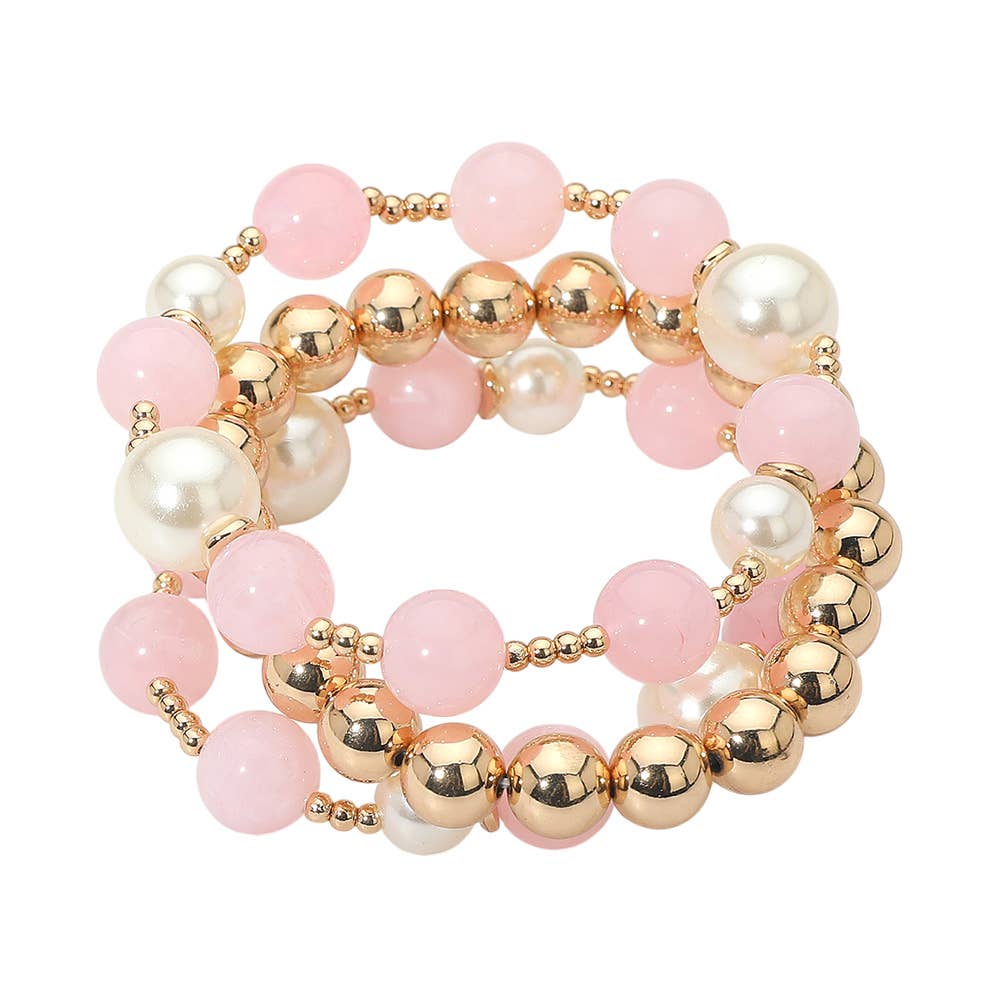 3PCS - Round Pearl Mixed Beaded Stretch Multi Layered Bracelets