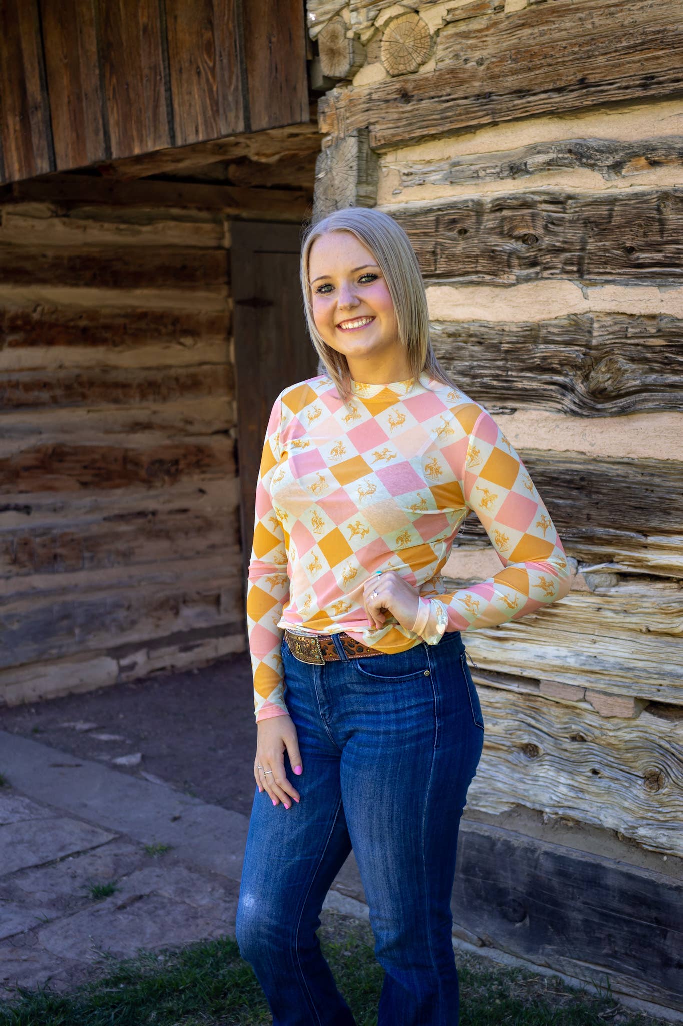 Diamond bronc print long sleeve mesh top