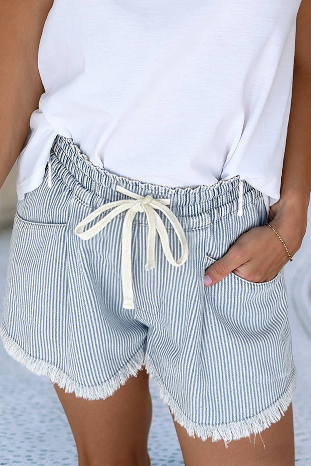 LDC Raw Edge Drawstring Elastic Waist Spring Denim Shorts