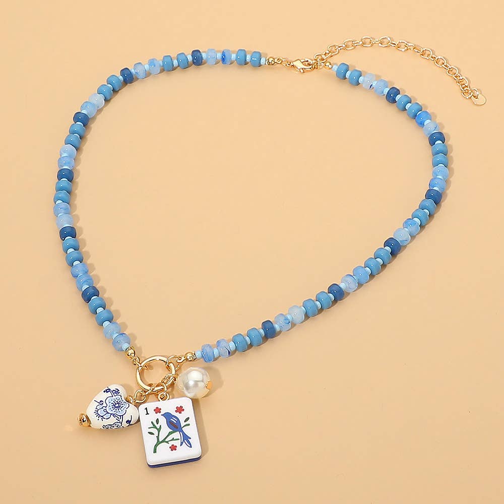Mahjong Tile Charm Pearl Floral Bead Ball Charm Pendant Beaded Necklace