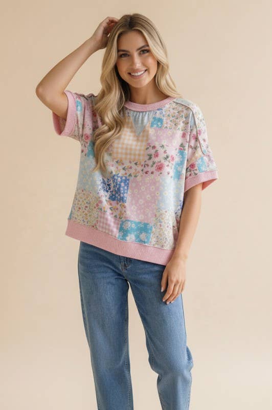 Plus Floral Patchwork Top With Triangle Detail