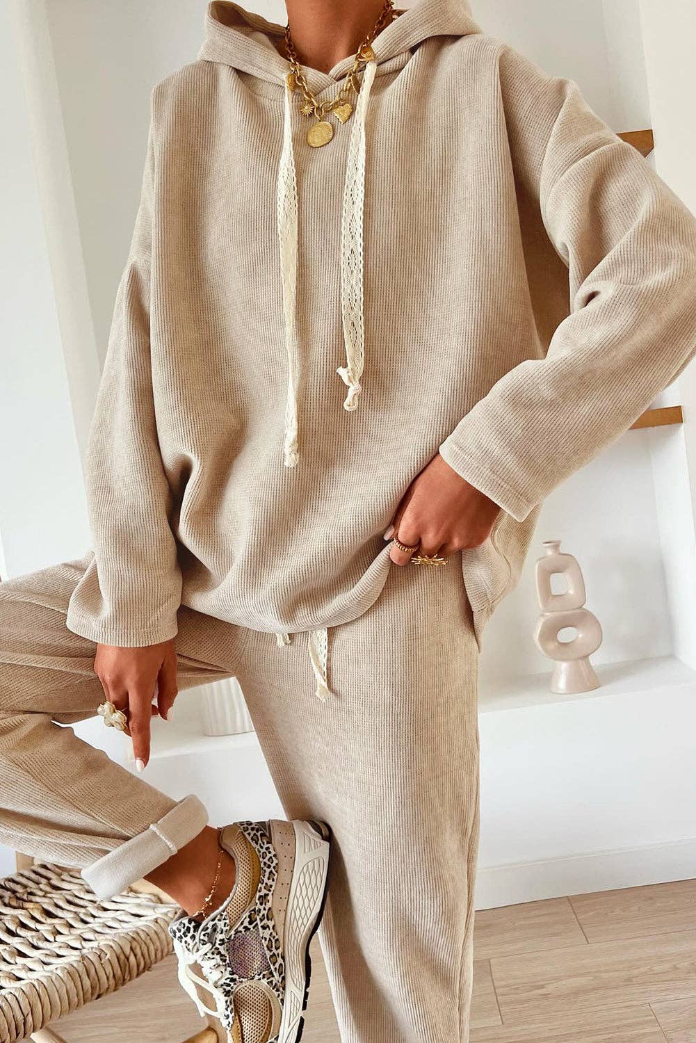 Parchment Leopard Drawstring Pullover Hoodie and High Waist Pants Corduroy Suit