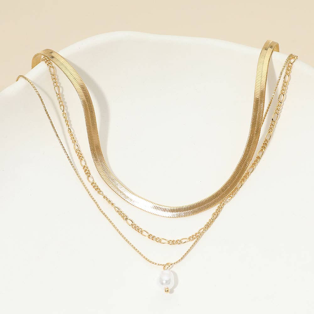 18K Gold Dipped Pearl Accent Herringbone Chain Layered Necklace