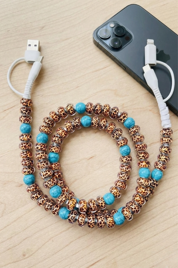 Updated Turquoise and Leopard Beaded Cord Charger